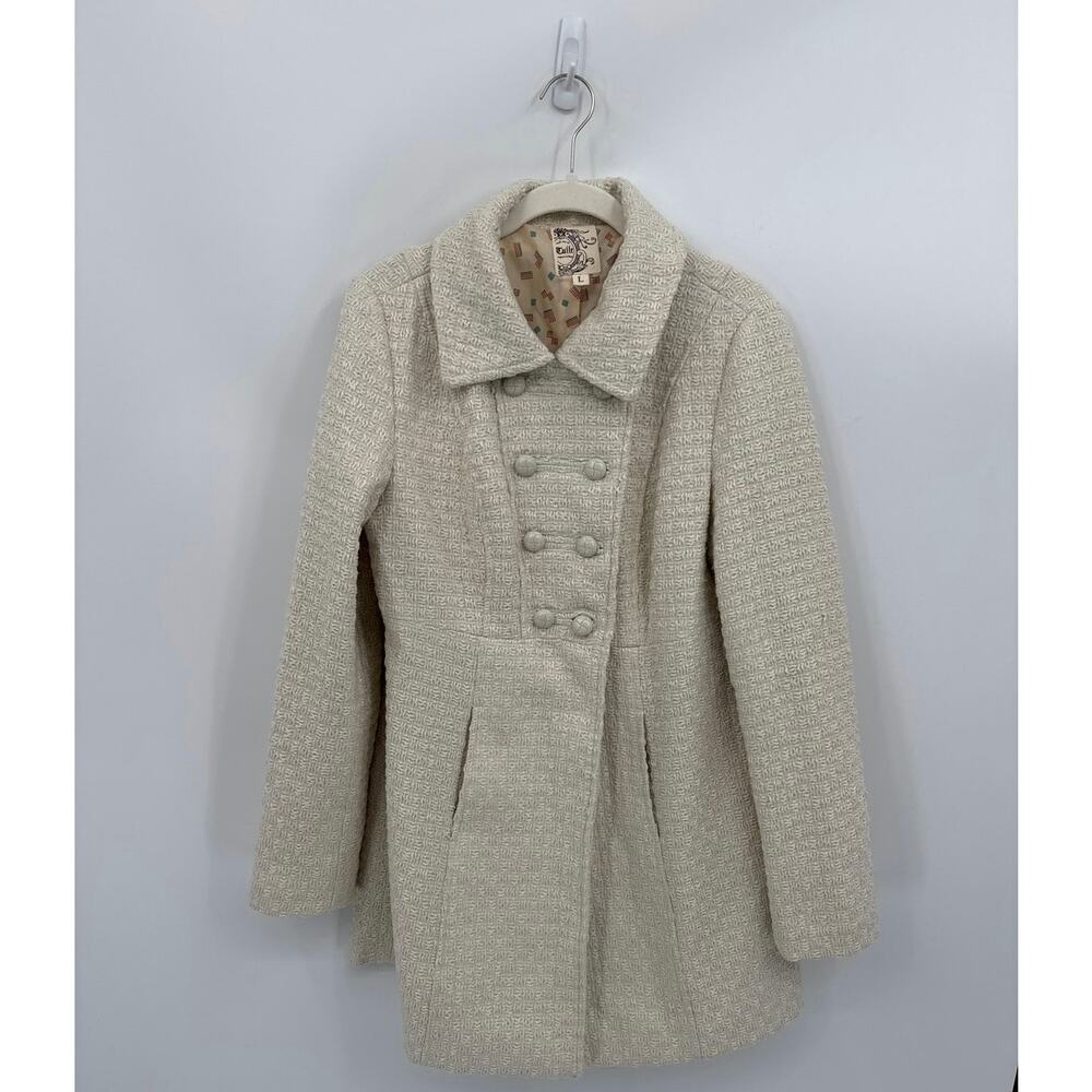 Tulle Cream Textured Wool Blend Double Breasted Peacoat Vintage Style Coat Large - Picture 2 of 10
